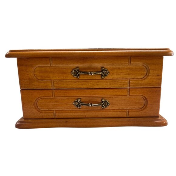 Vintage Wooden Jewelry Box With Brass Handles & Velvet Interior - Picture 1 of 8